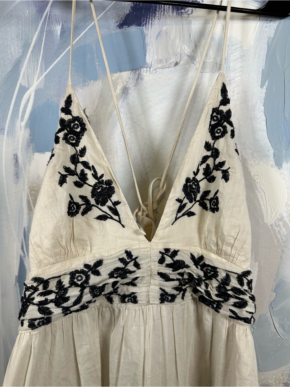 Abercrombie & Fitch Embroidered Cotton Maxi Dress White Black Halter Boho XL P - Picture 7 of 14